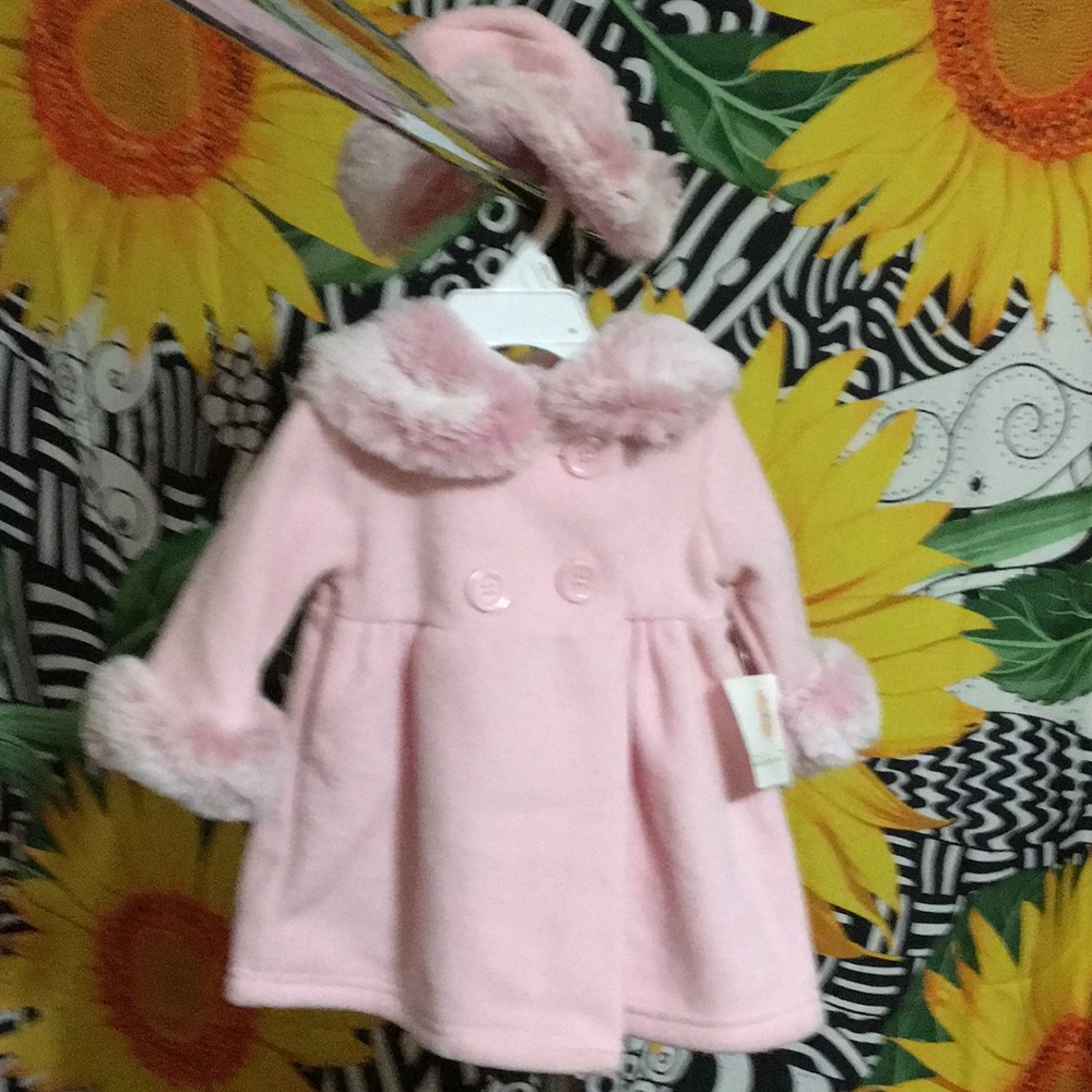 Pink Faux Fur Coat w/ matching hat size 6M